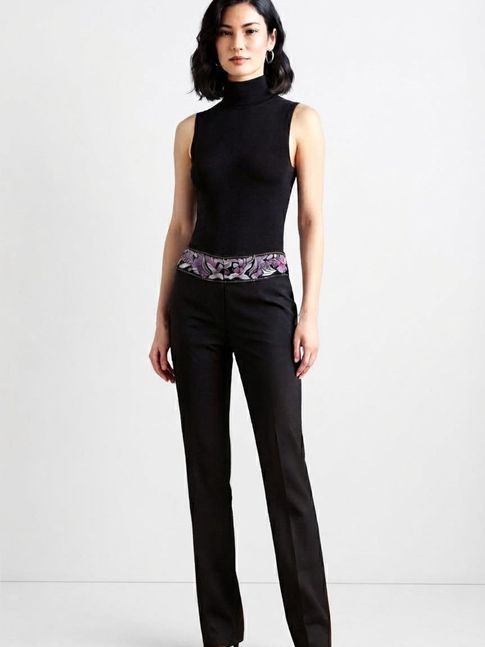 Vintage Marciano Low-Rise Black Pants with Embroidered Floral Waistband Sz 2 Y2K